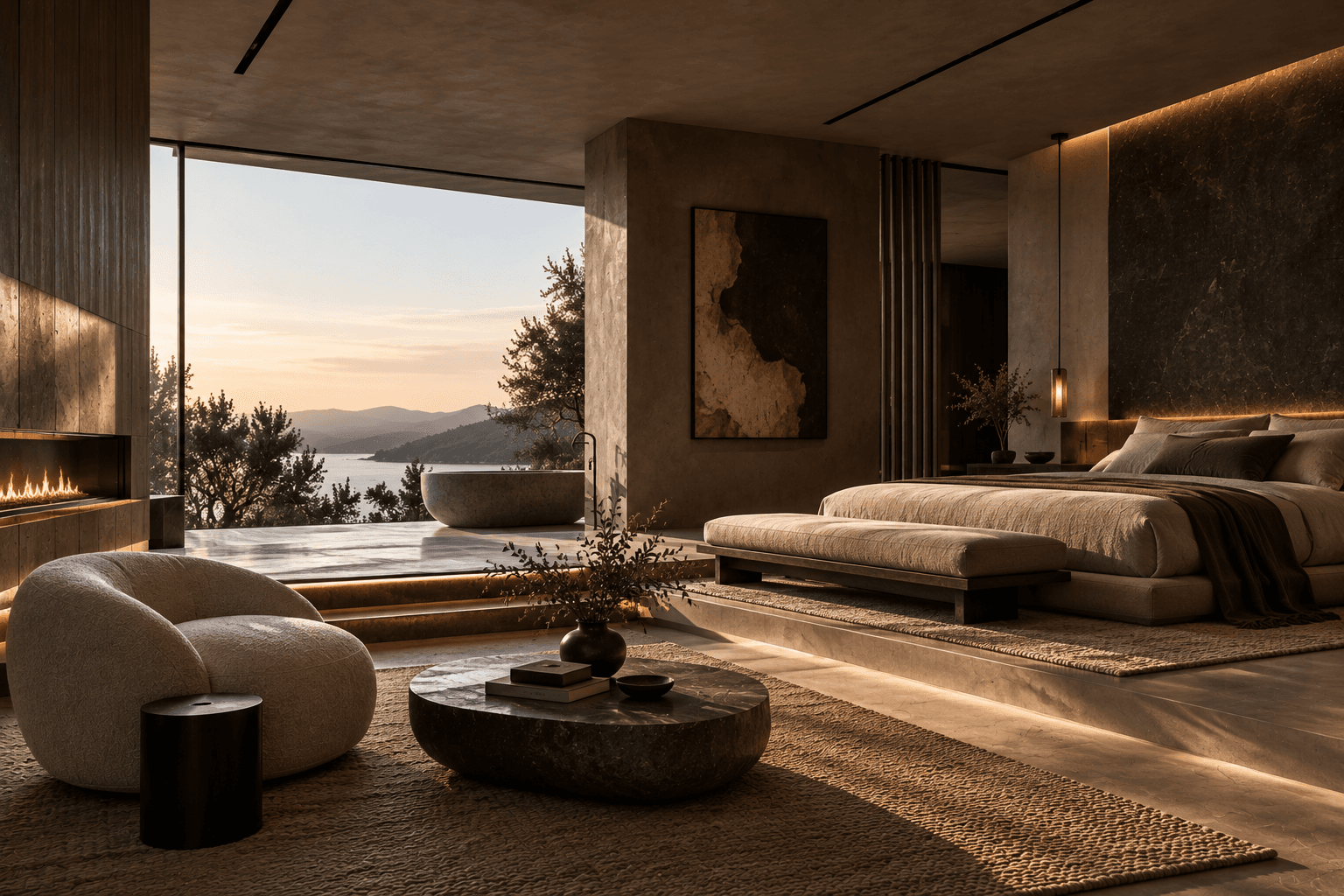 A bedroom suite at dusk with a stone bath, a fire, a bouclé chair and a wide view over the lake